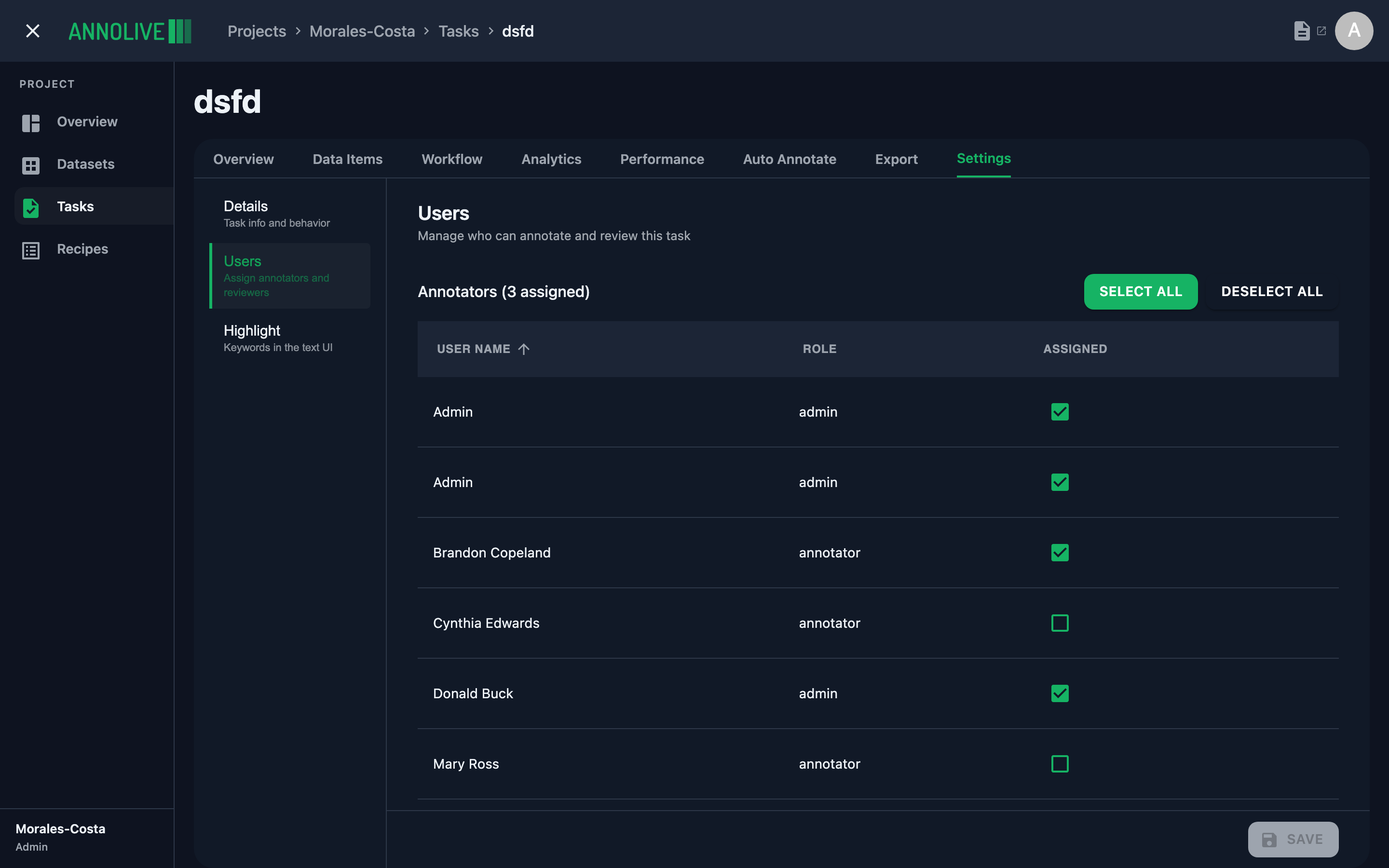 Settings Users section