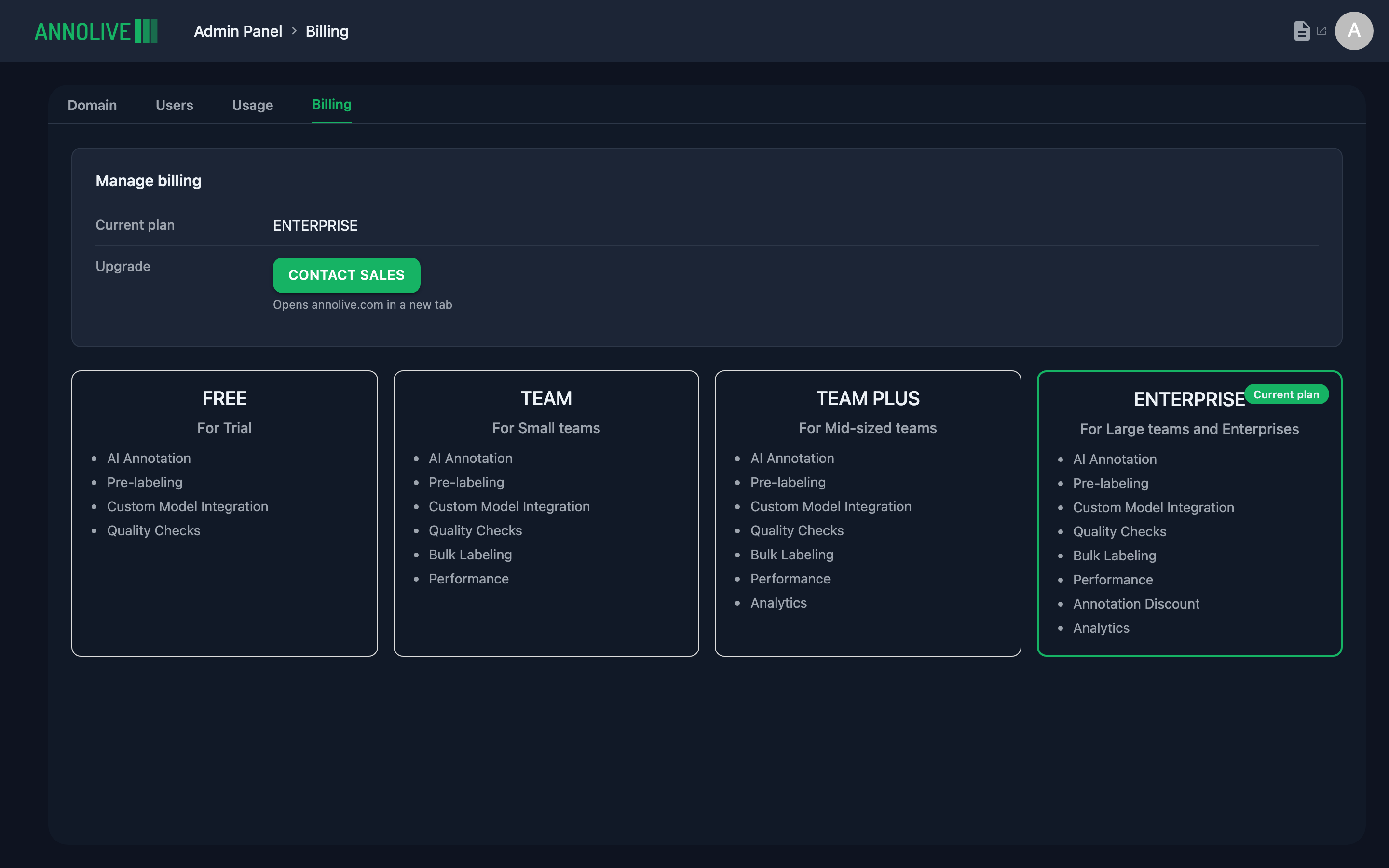 Admin Billing tab