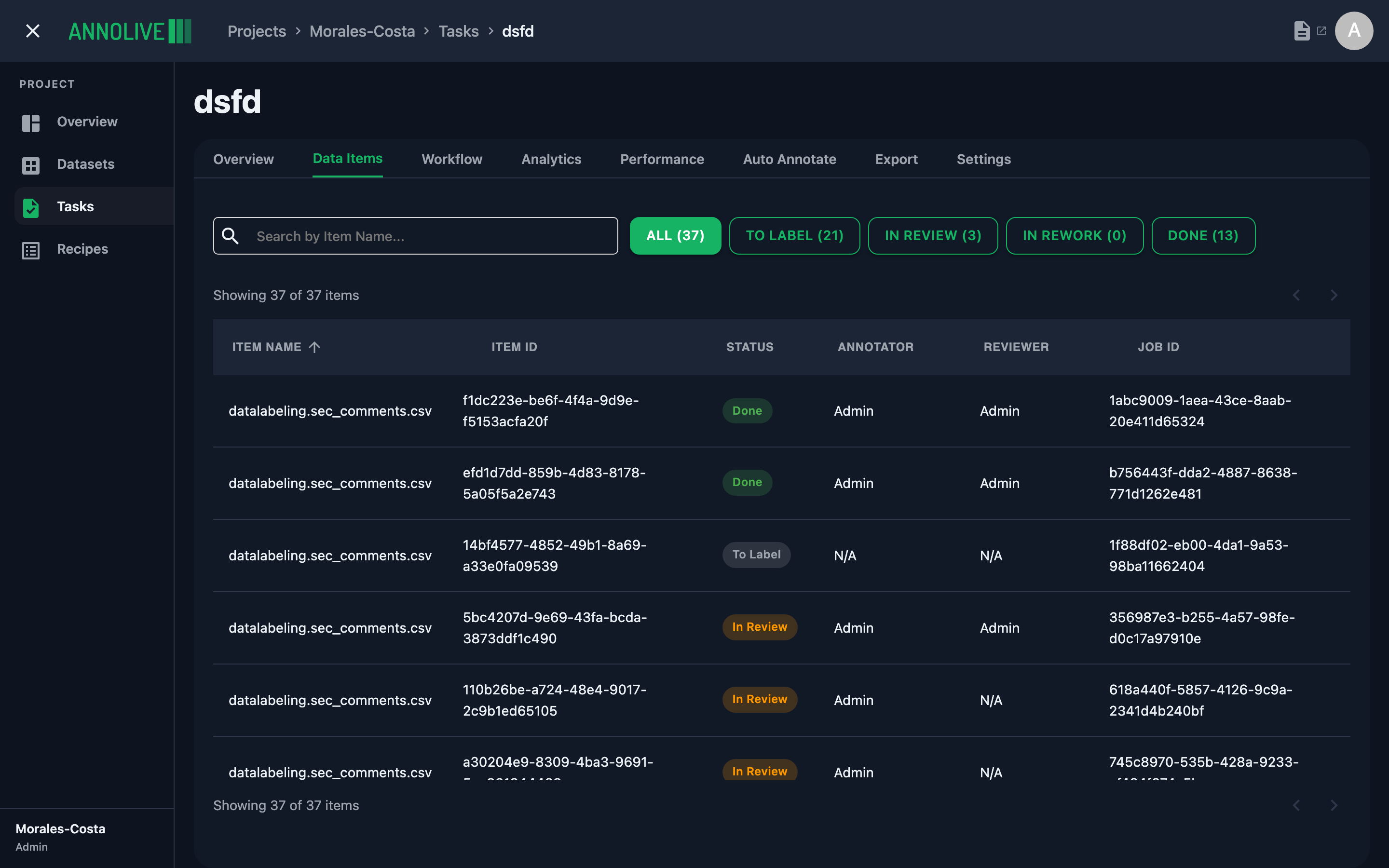 Data Items tab