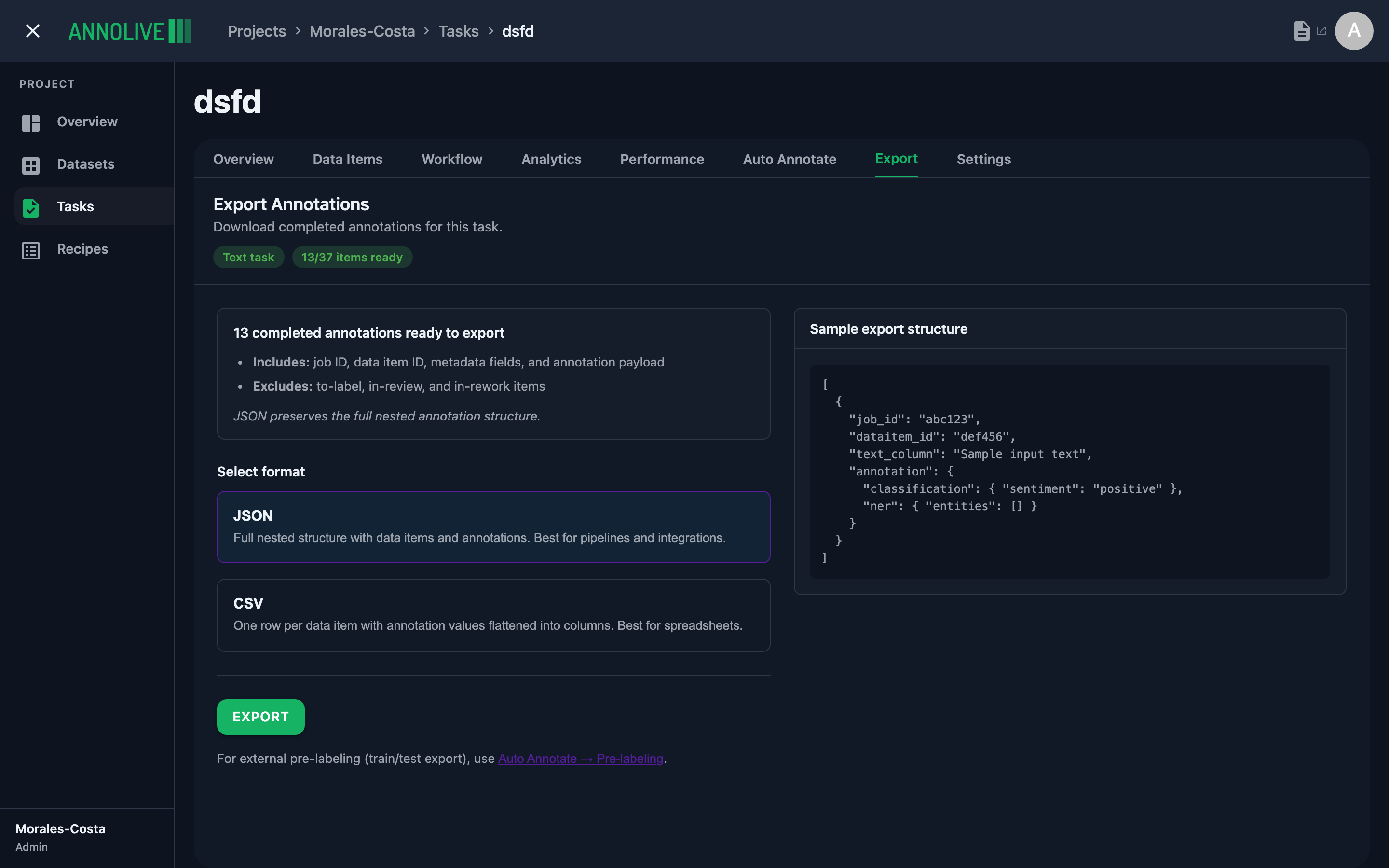 Export tab
