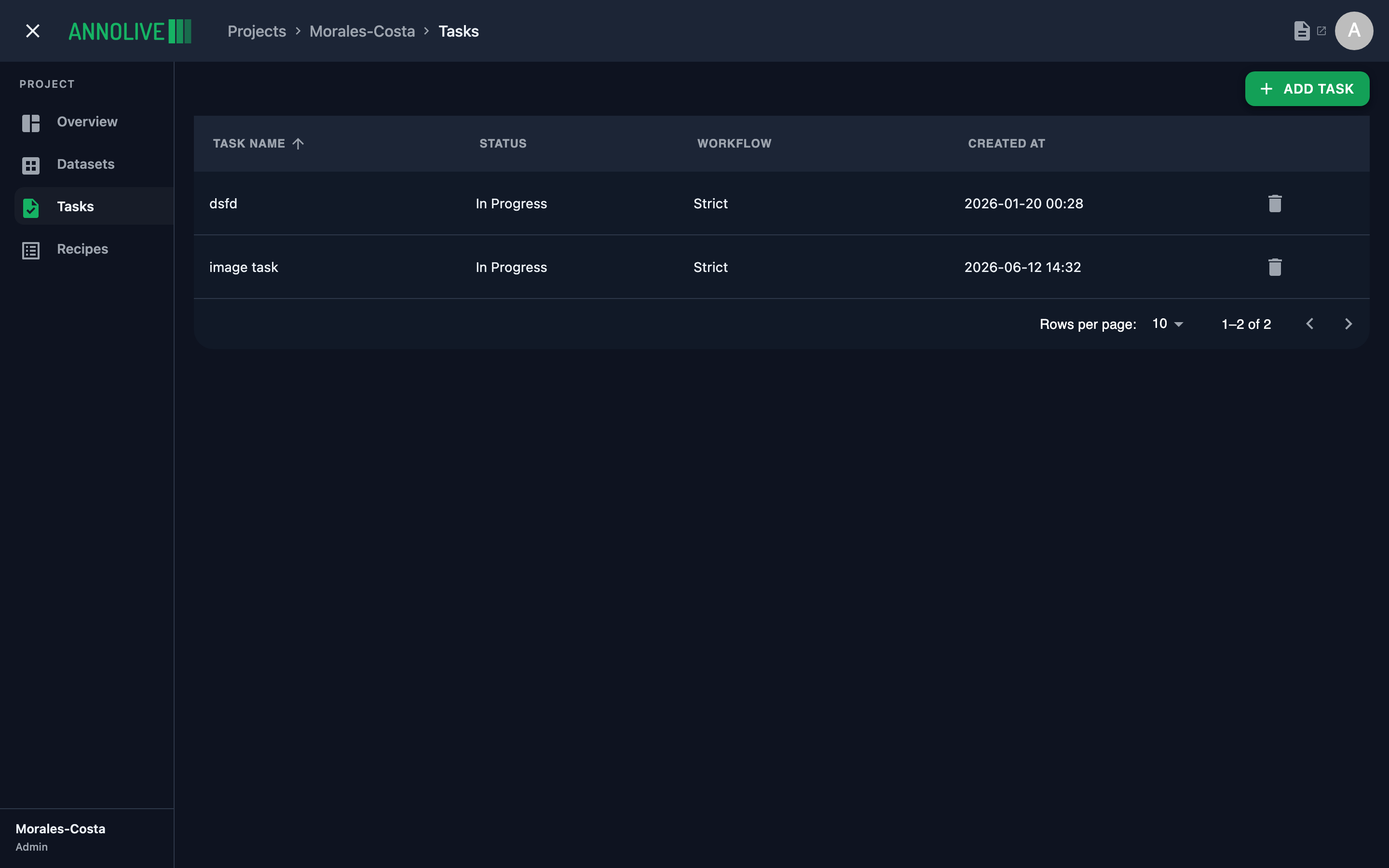 Tasks page with Add Task