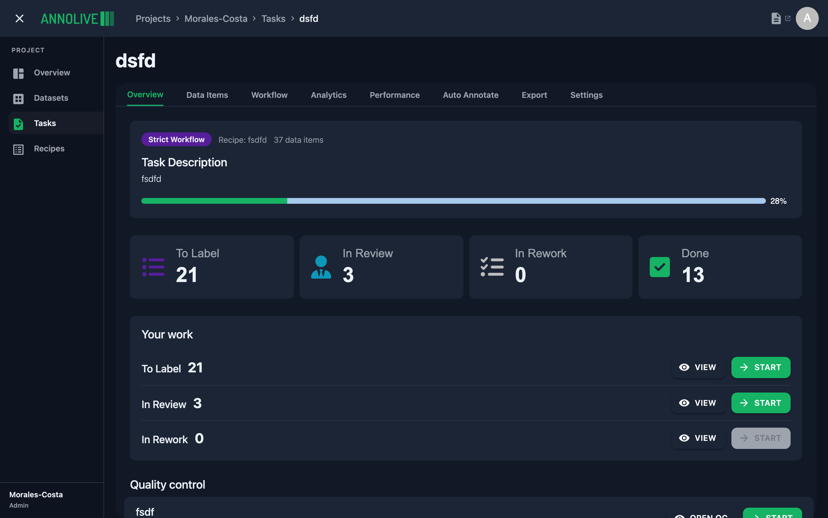 Task overview with tabs